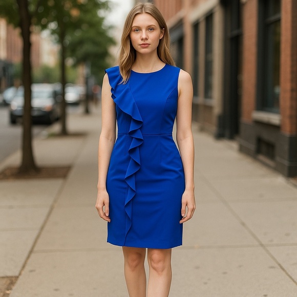 Calvin Klein Blue Sheath Cocktail Dress Sophisticated Asymmetrical Ruffle Detail - Picture 2 of 6